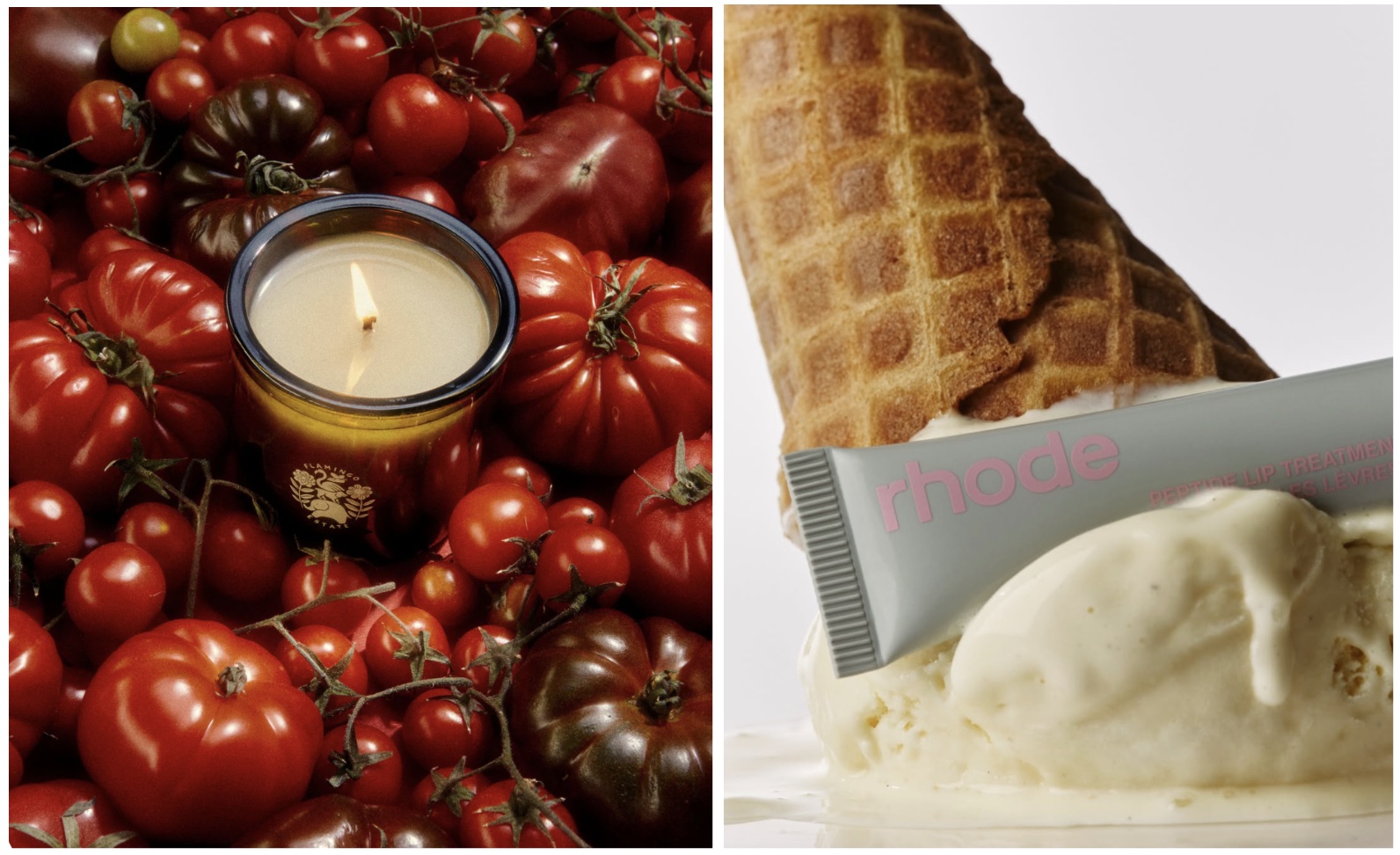 A candle among ripe tomatoes/Lip treatment in a melting ice cream cone