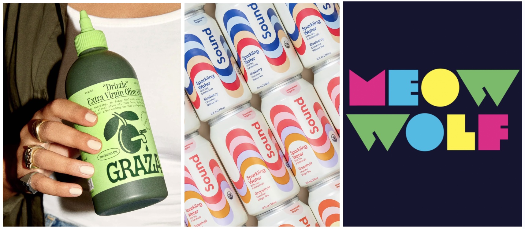 Branding: Graza olive oil Sound sparkling water/Meow Wolf logo